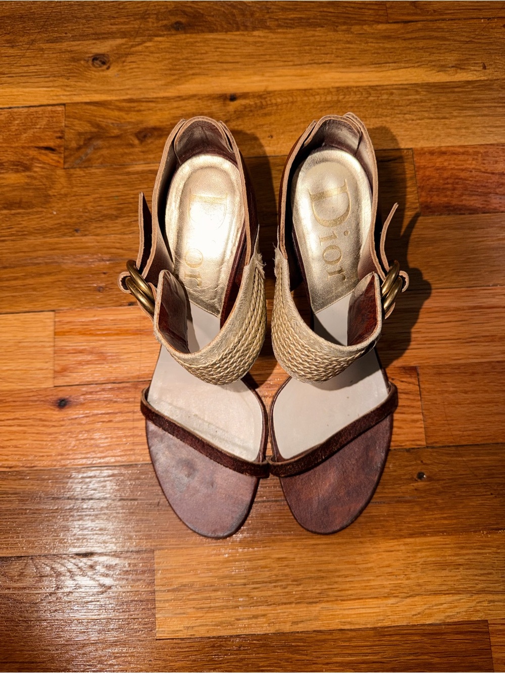 Dior Brown and Natural Woven Strap Sandals with Gold Buckle